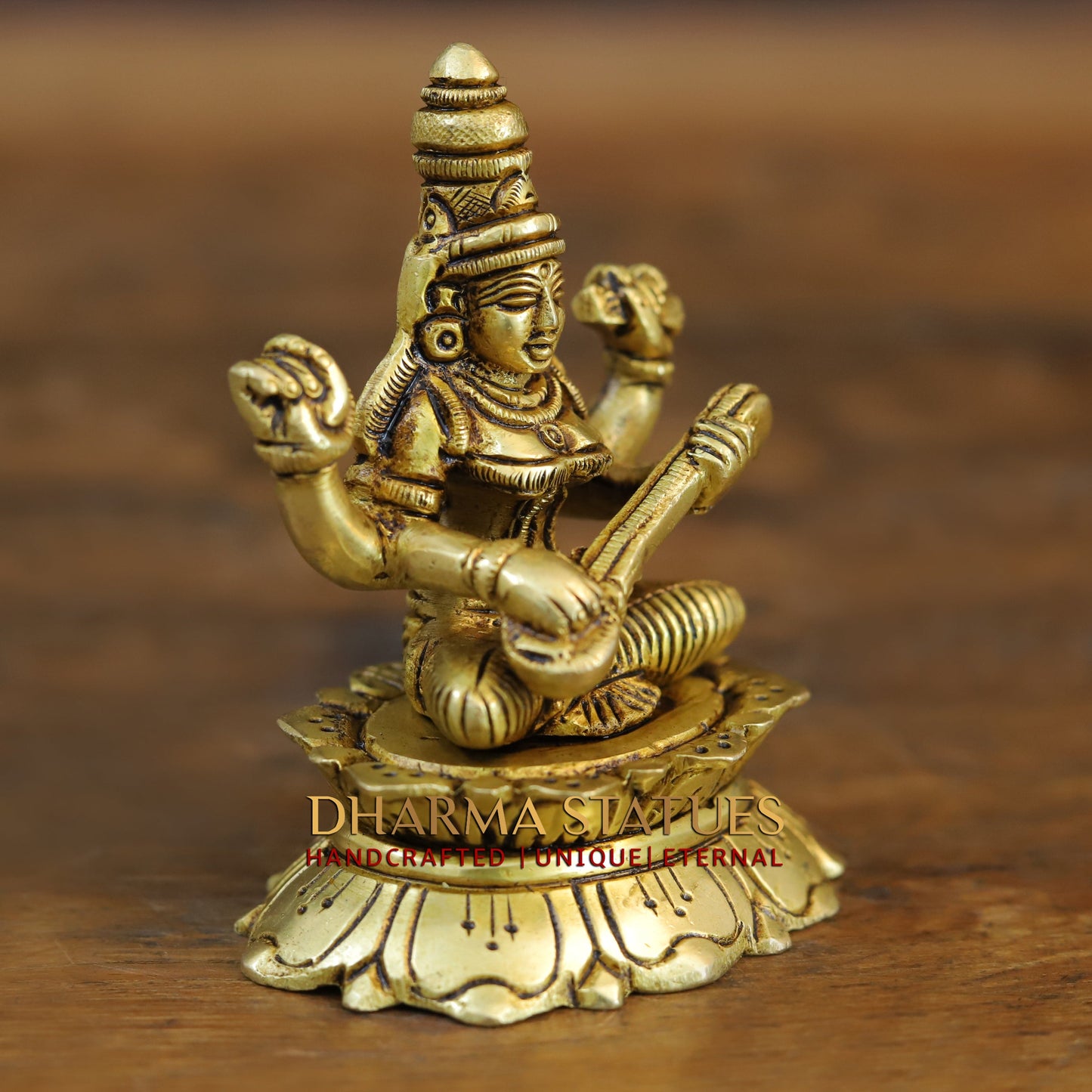 Brass Saraswati seated, Golden Finish, 3.5"
