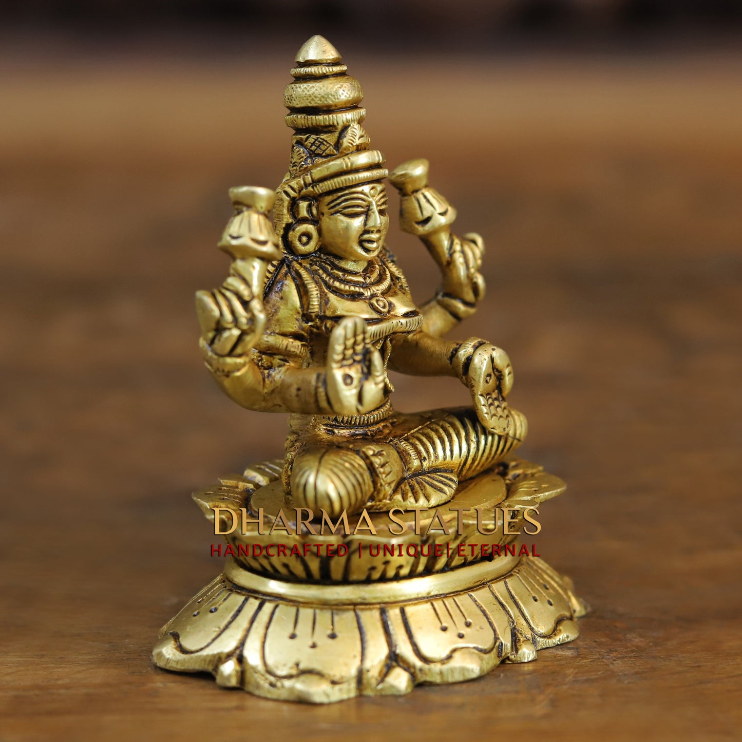 Brass Lakshmi seated in Blessing Posture, Golden Finish, 3.5"