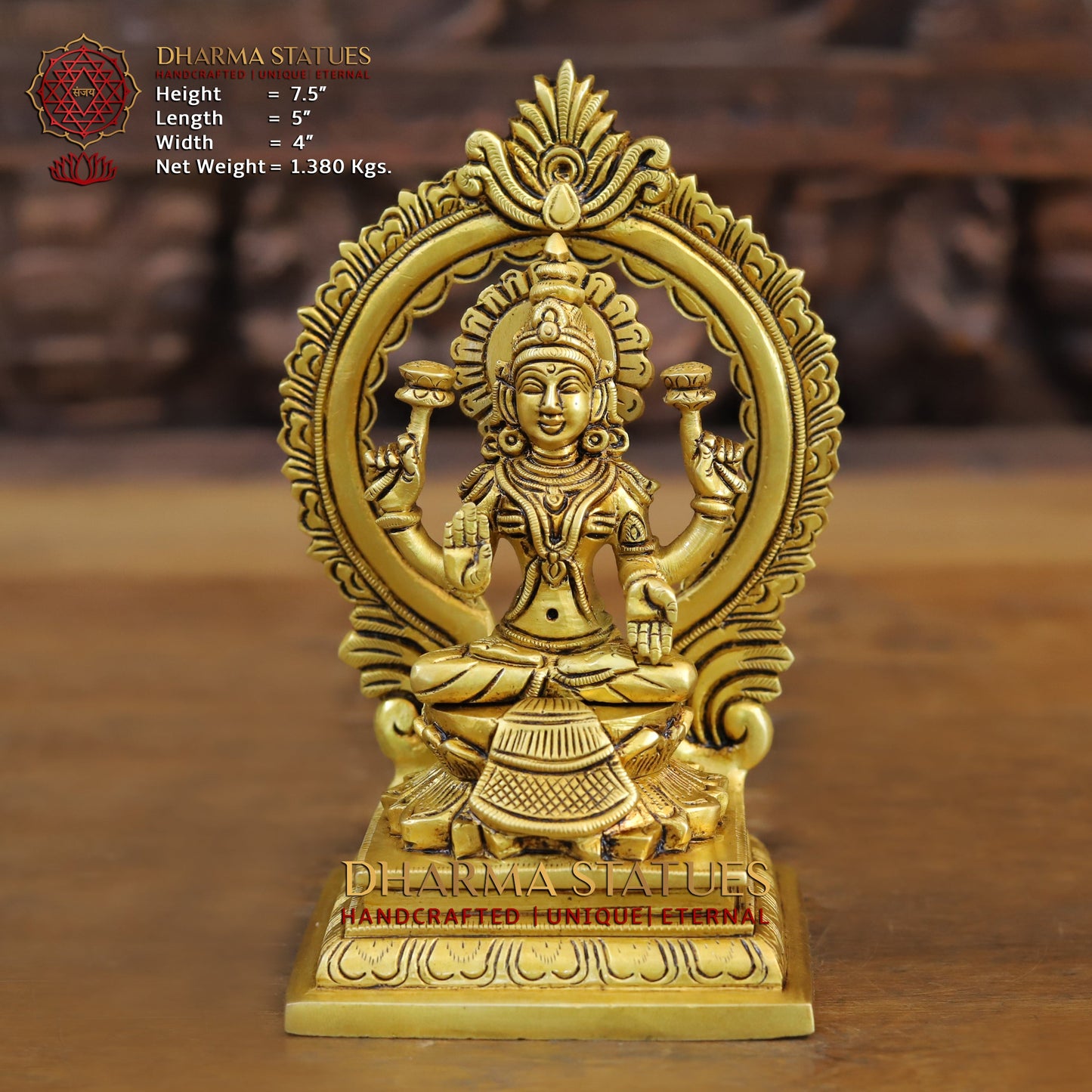Brass Lakshmi seated with Frame, Golden Finish, 7.5"