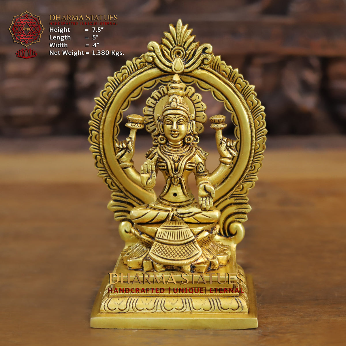 Brass Lakshmi seated with Frame, Golden Finish, 7.5"