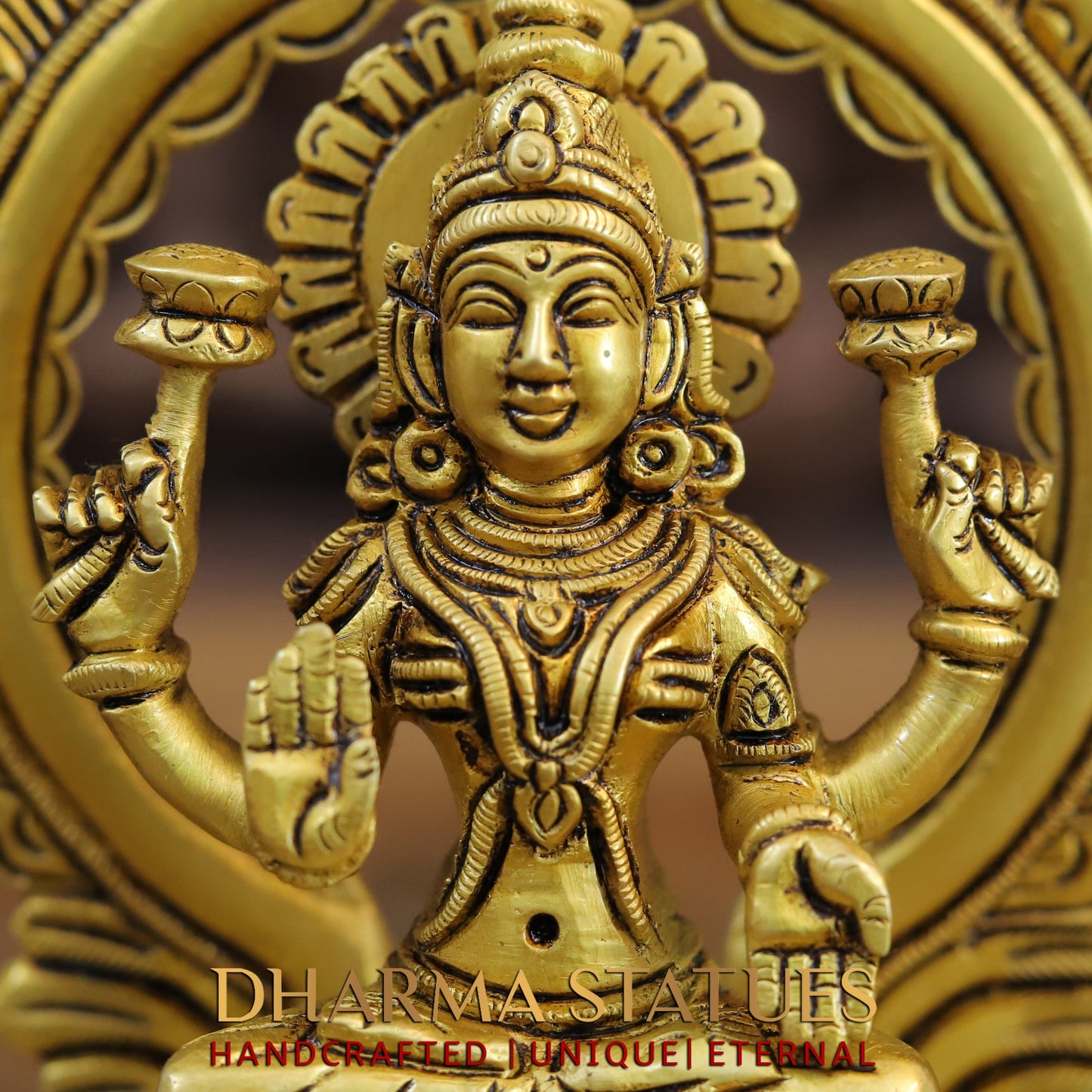 Brass Ganesh & Lakshmi seated on Throne, Golden Finish, 7.5"