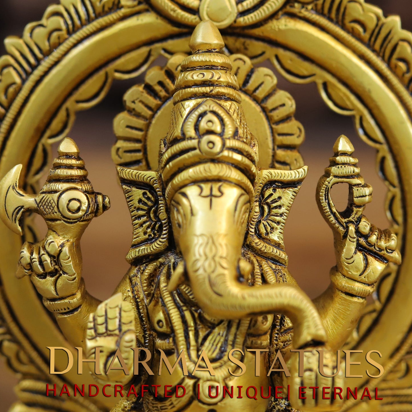 Brass Ganesh seated with Frame, Golden Finish, 7.5"