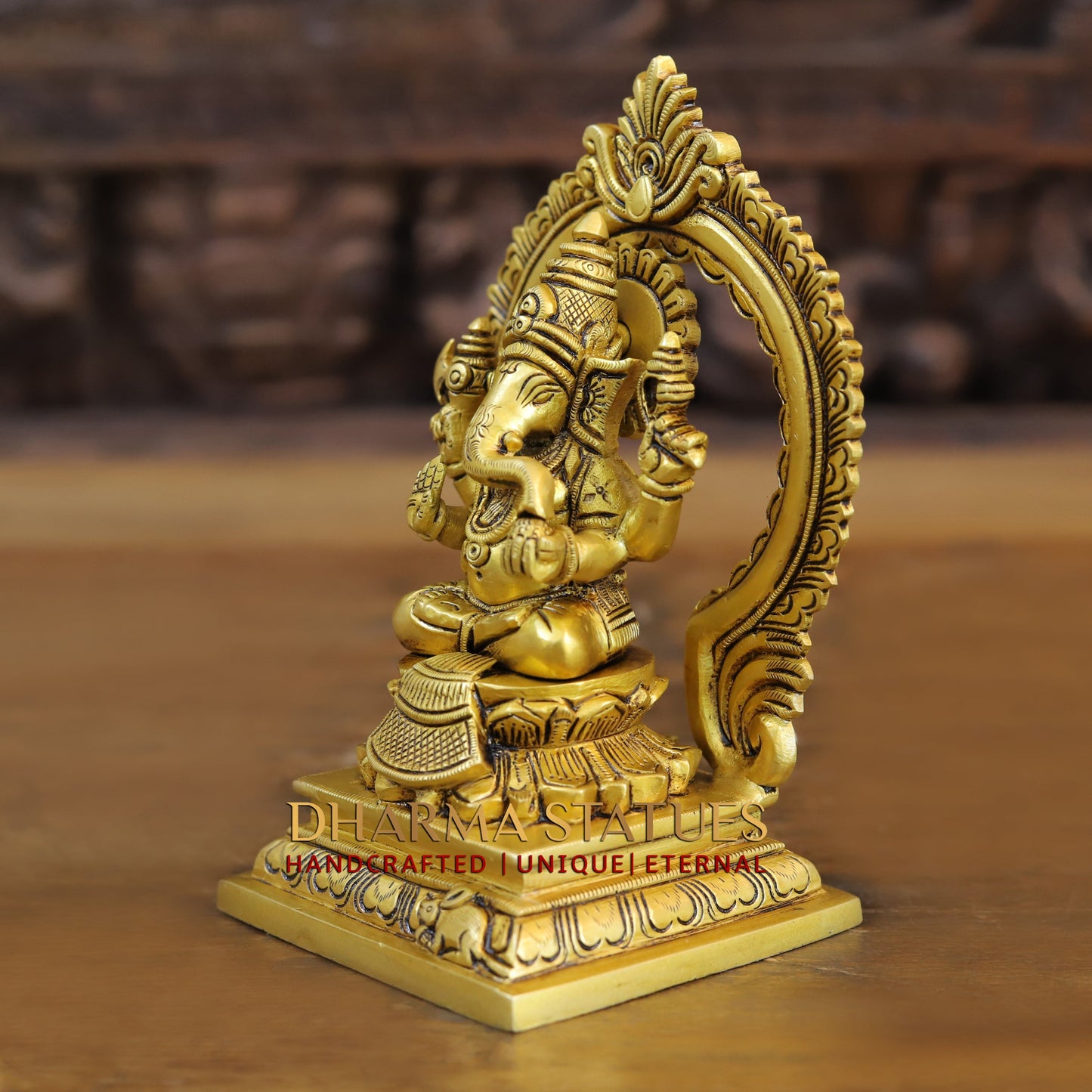 Brass Ganesh seated with Frame, Golden Finish, 7.5"