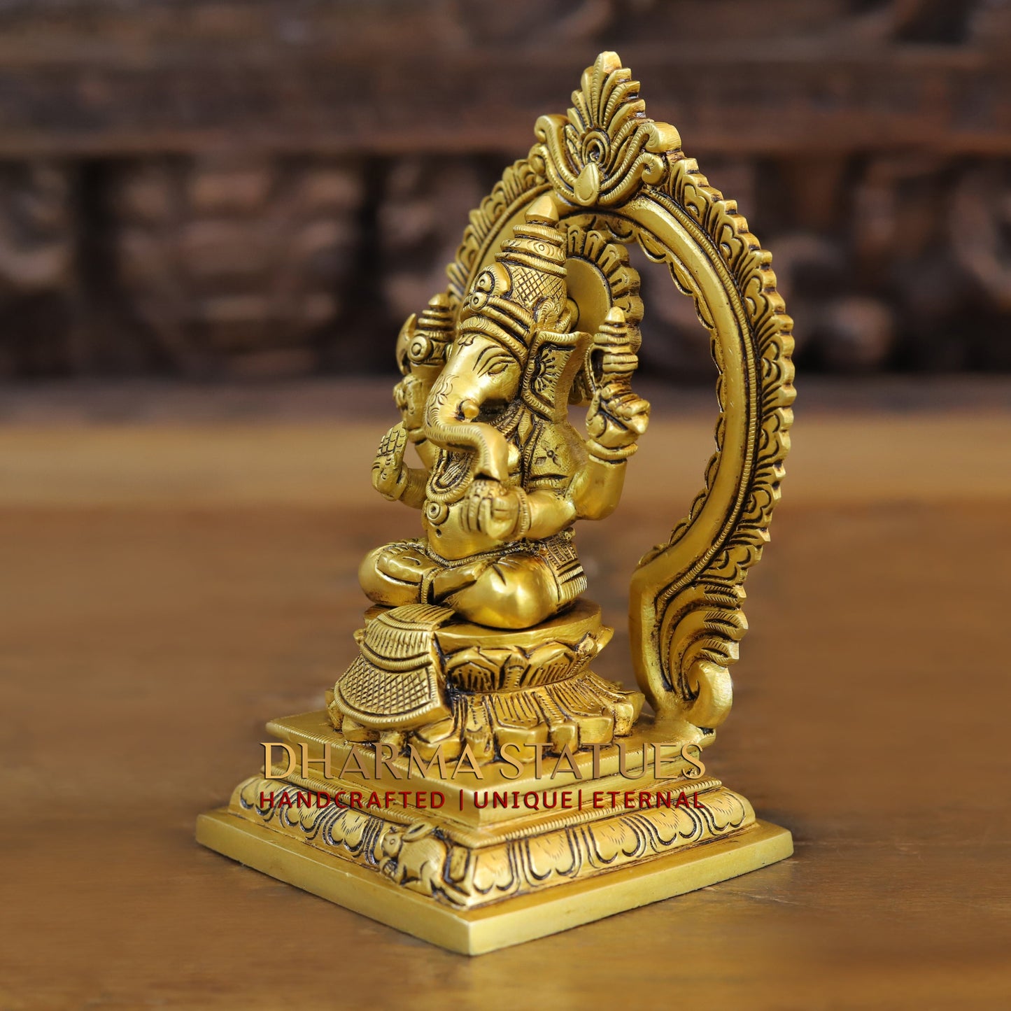 Brass Ganesh & Lakshmi seated on Throne, Golden Finish, 7.5"