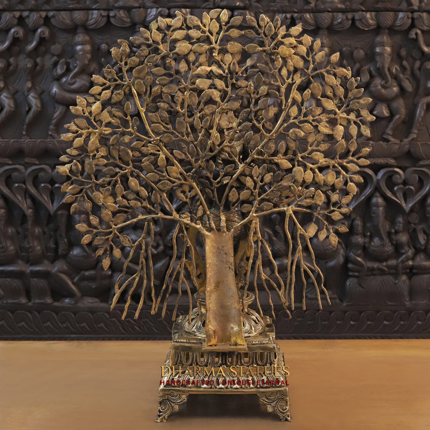 Brass Krishna Playing the Flute, Standing Below the Tree, Golden & Black Patina Finish, 32"