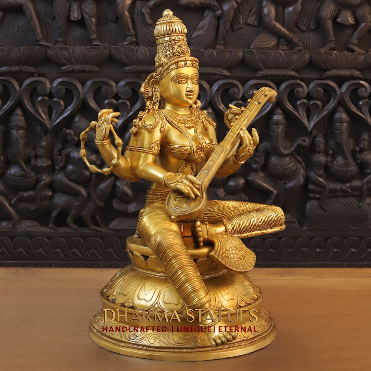 Brass Saraswati seated on Lotus, Fine Golden Finish, 24"