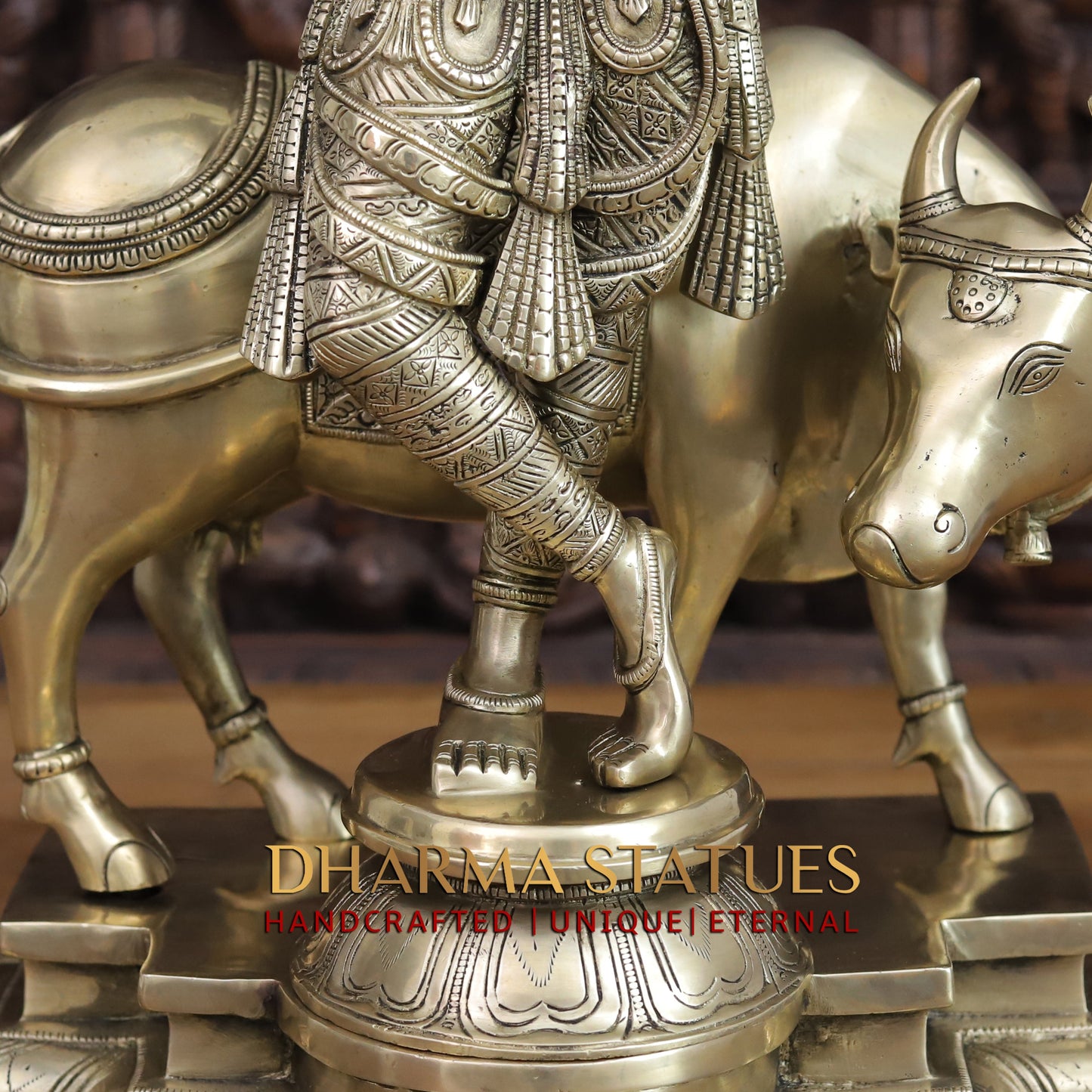 Brass Krishna Idol, Playing Flute with Cow, Fine Golden Finish 25"