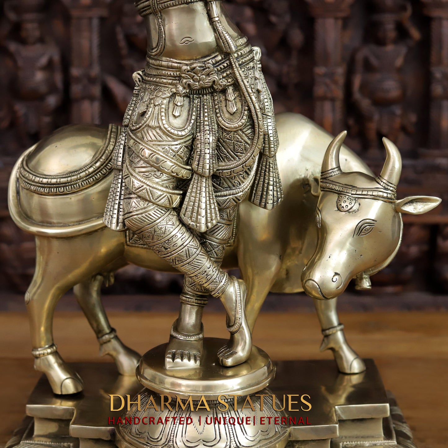Brass Krishna Idol, Playing Flute with Cow, Fine Golden Finish 25"