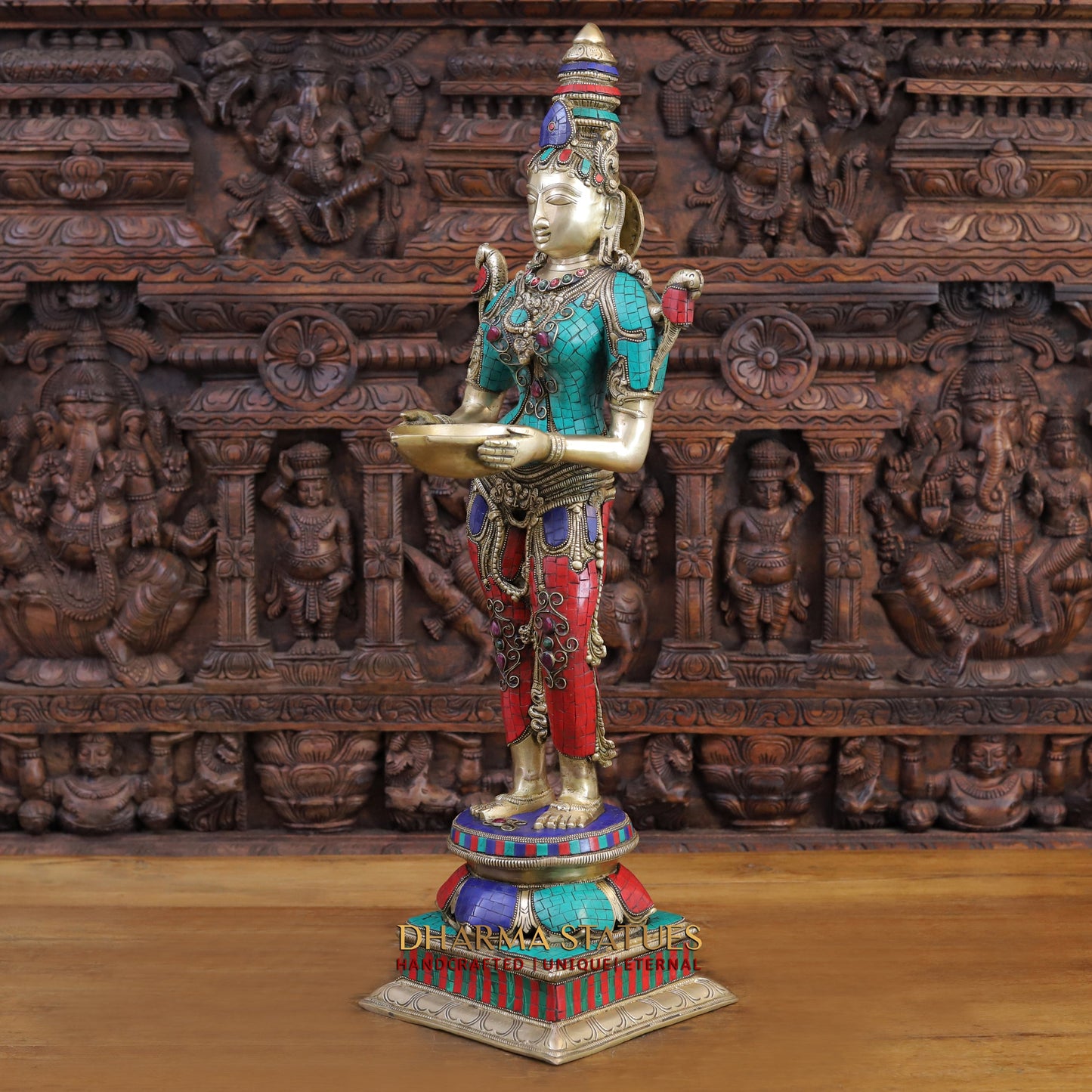 Brass Deep Lady, standing on a Lotus, Stone & Golden Finish 32"