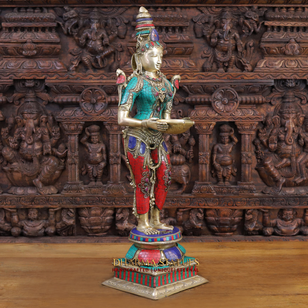 Brass Deep Lady, standing on a Lotus, Stone & Golden Finish 32"