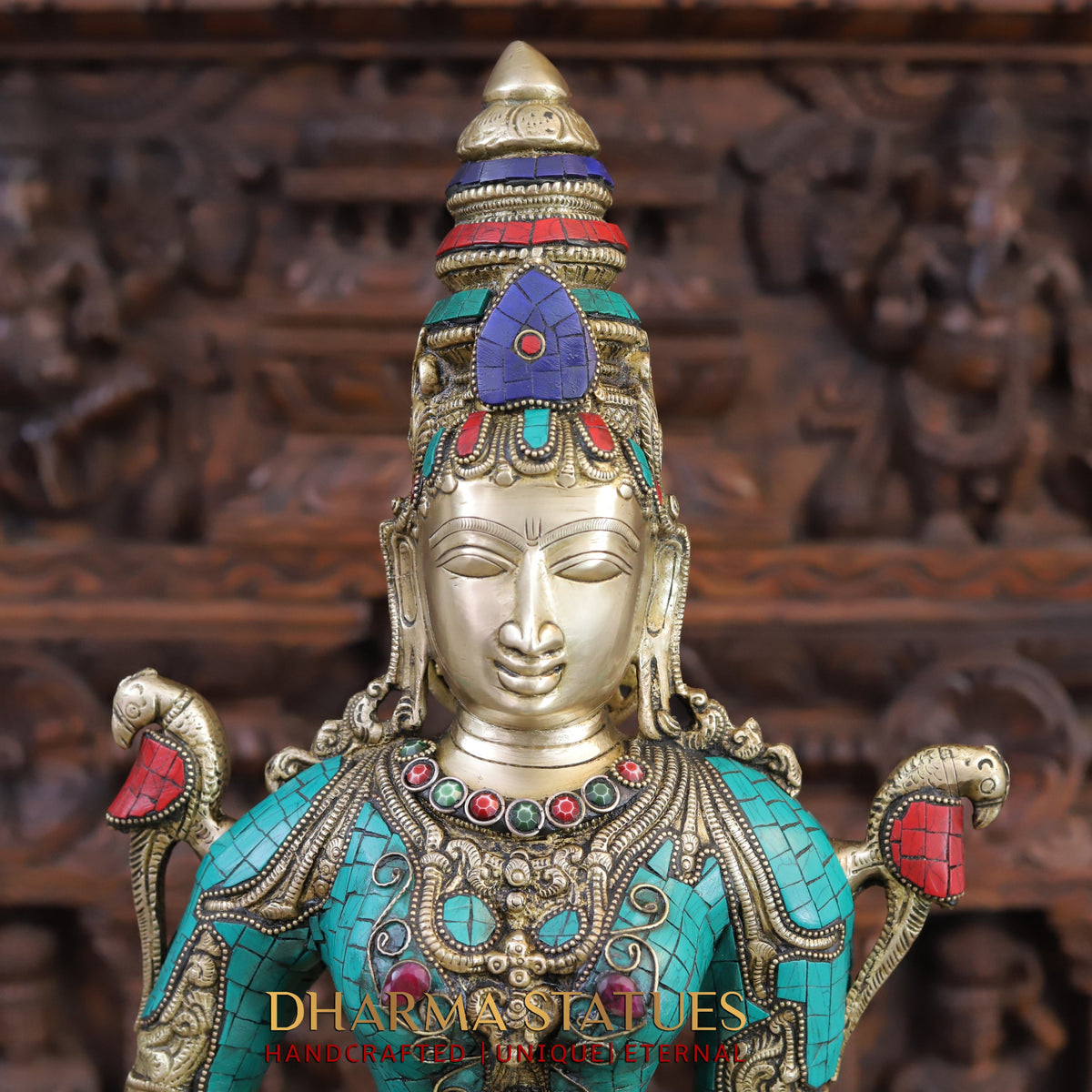 Brass Deep Lady, standing on a Lotus, Stone & Golden Finish 32"