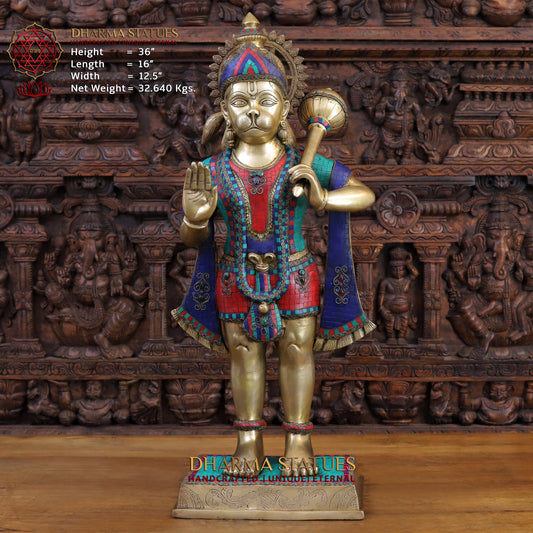 Brass Hanuman Statue, Standing, Fine Stone & Golden Work 36"