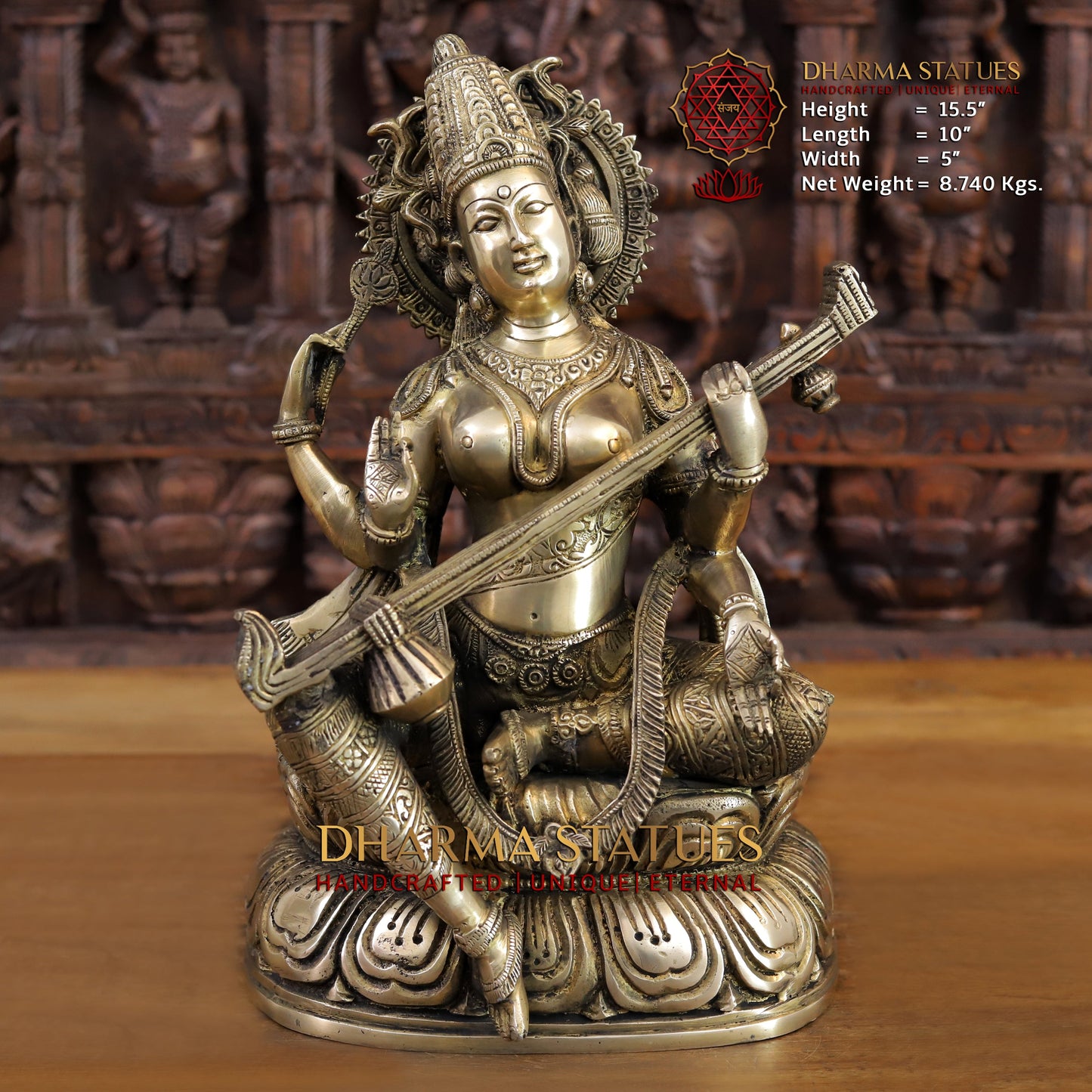 Brass Saraswati Statue, Golden Finish, 15.5"