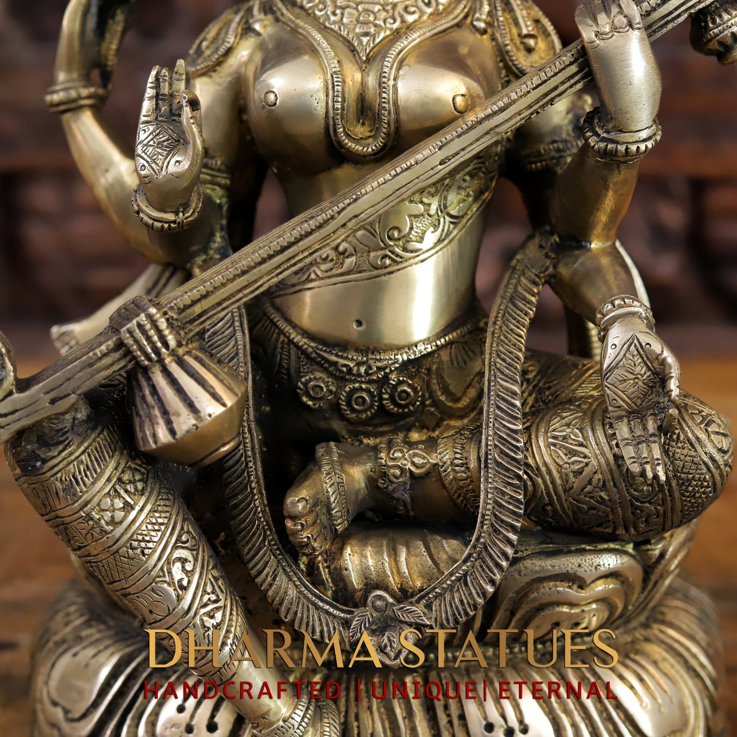 Brass Saraswati Statue, Golden Finish, 15.5"