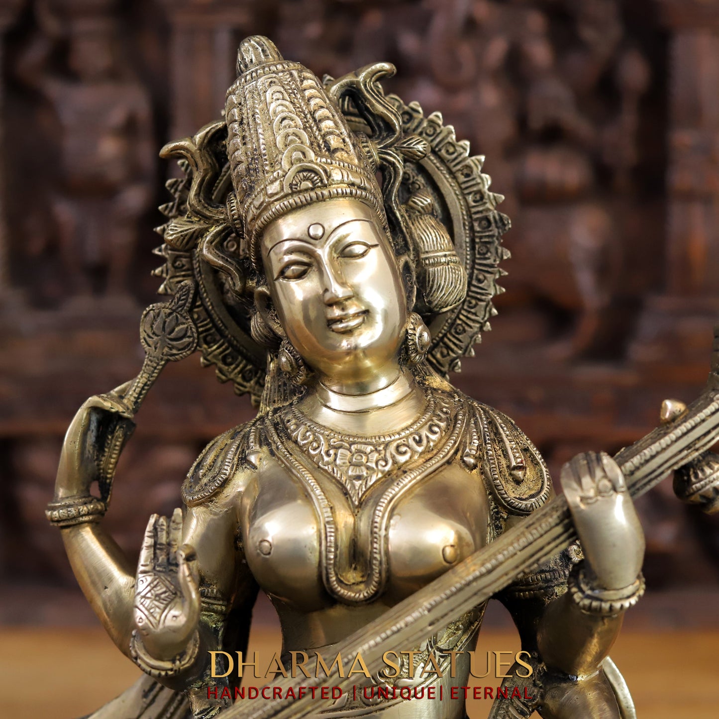 Brass Saraswati Statue, Golden Finish, 15.5"
