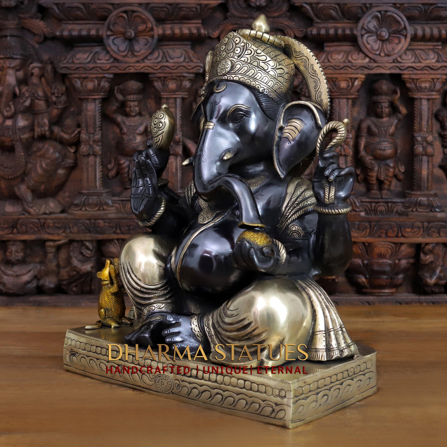 Brass Ganesh seated with rat in square base, Black Patina & Golden Finish, 21"