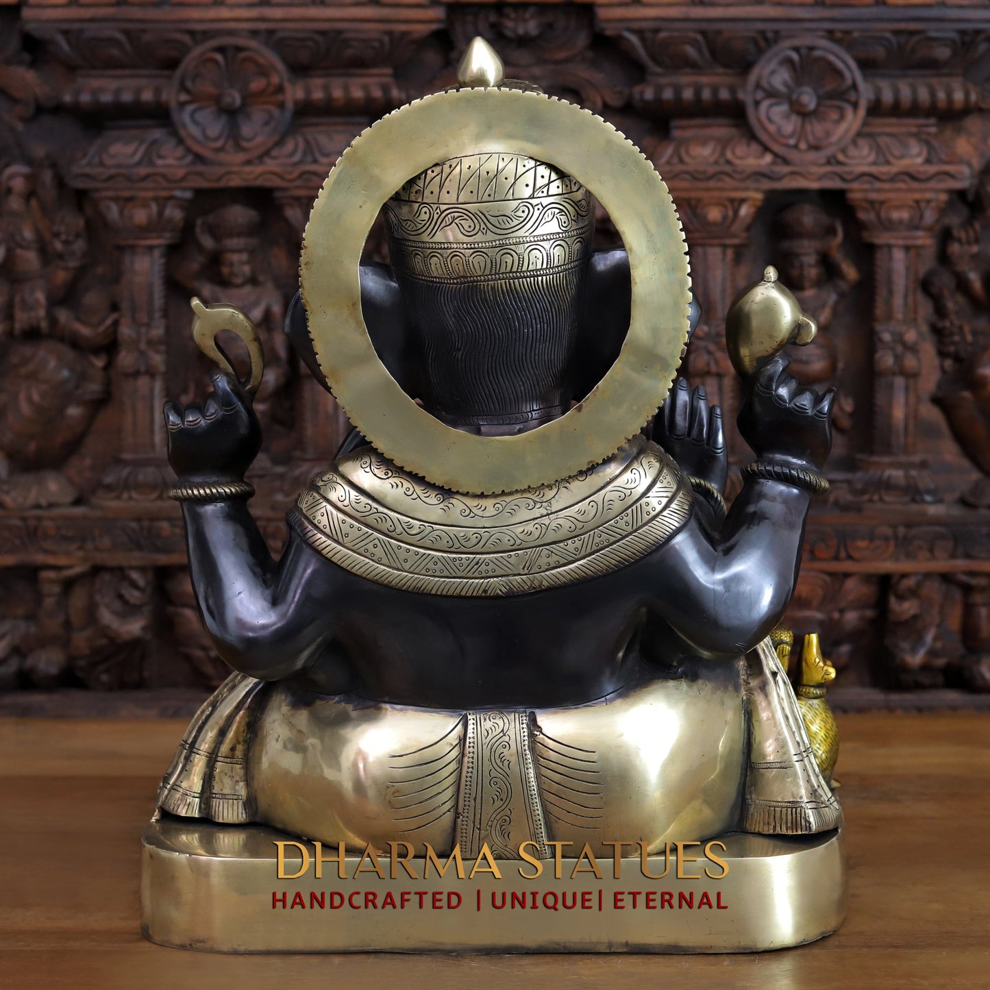 Brass Ganesh seated with rat in square base, Black Patina & Golden Finish, 21"