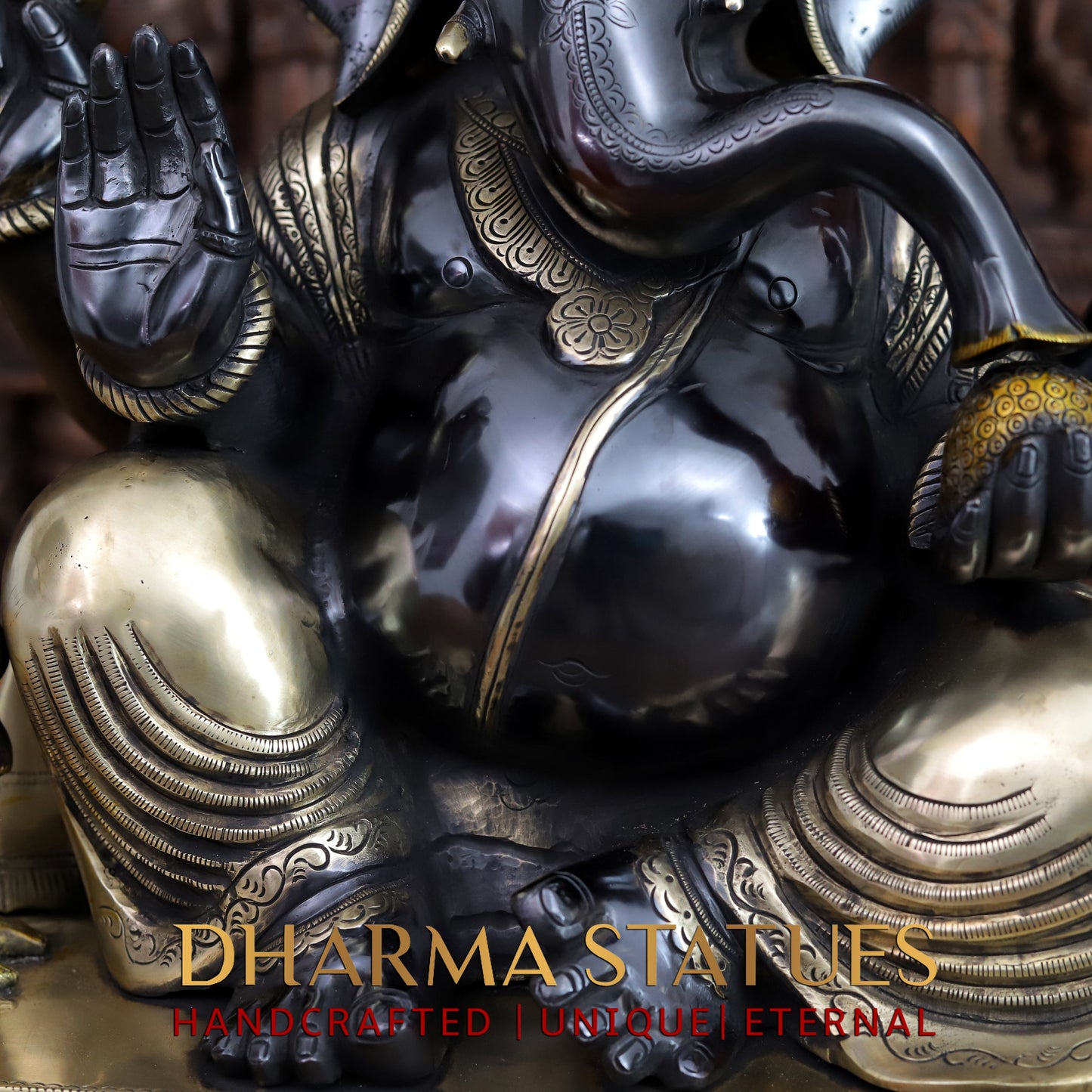 Brass Ganesh seated with rat in square base, Black Patina & Golden Finish, 21"