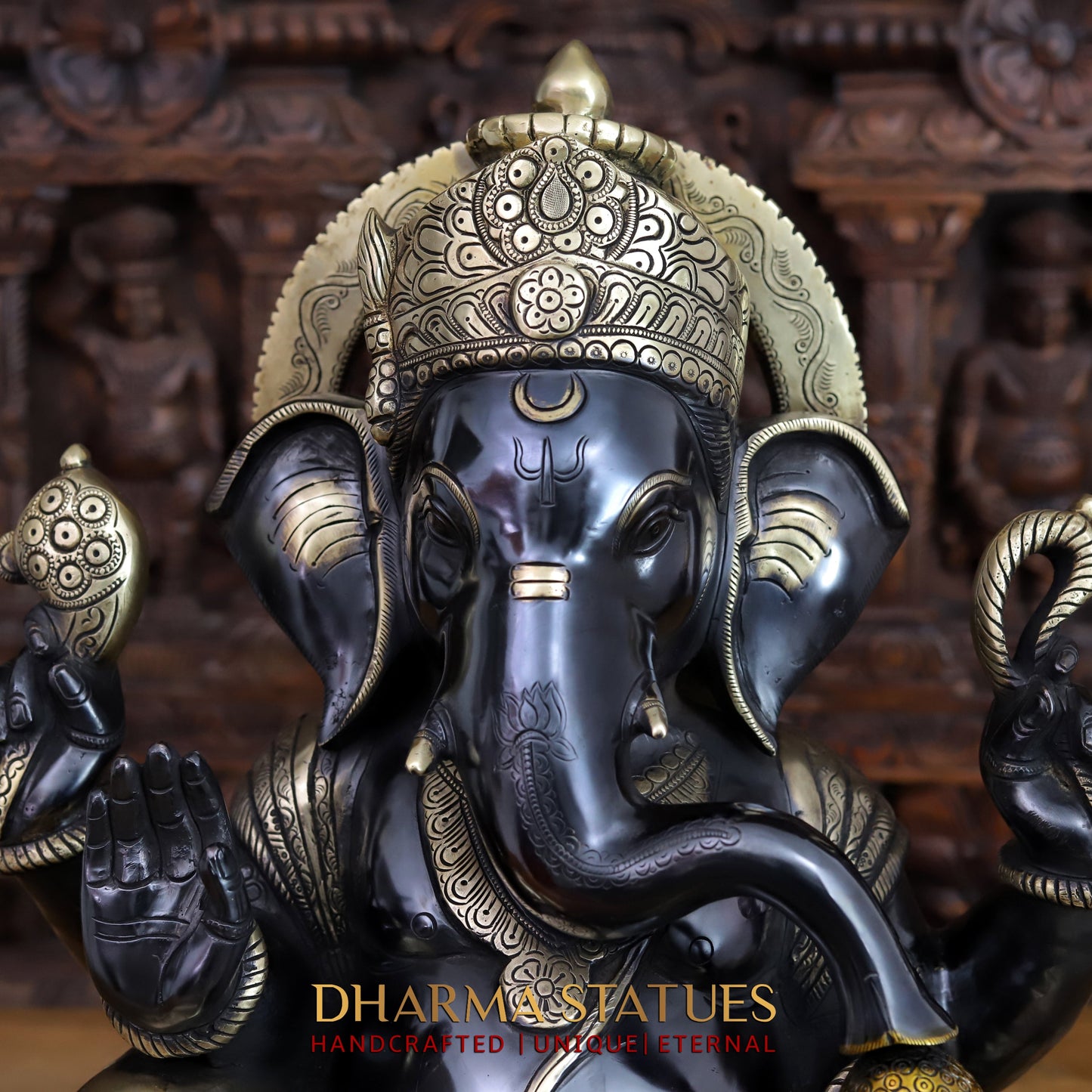 Brass Ganesh seated with rat in square base, Black Patina & Golden Finish, 21"