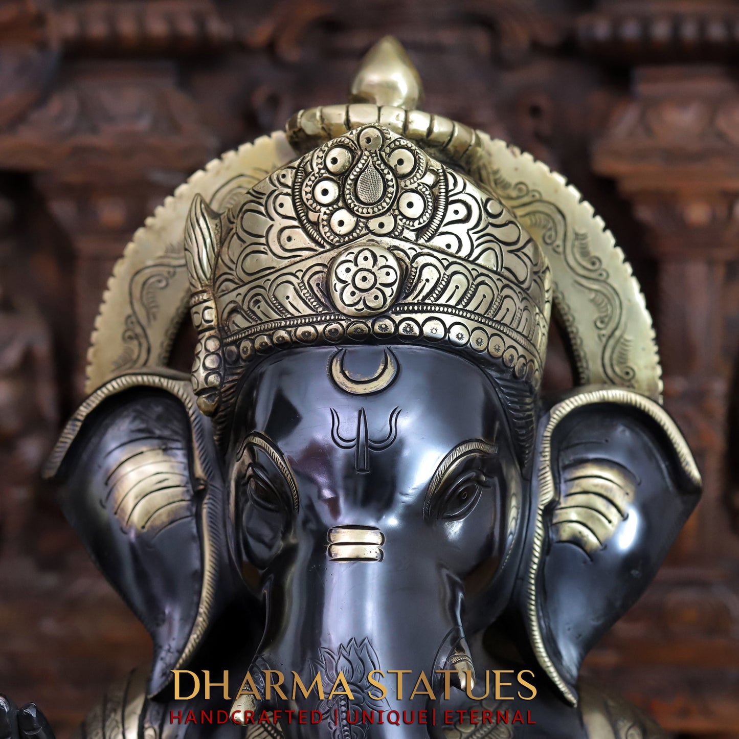 Brass Ganesh seated with rat in square base, Black Patina & Golden Finish, 21"
