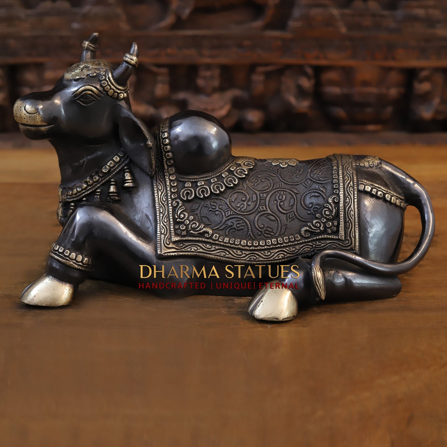 Brass Nandi Idol, Lord Shiva's Guardian, Black Patina with Golden Finish, 14”