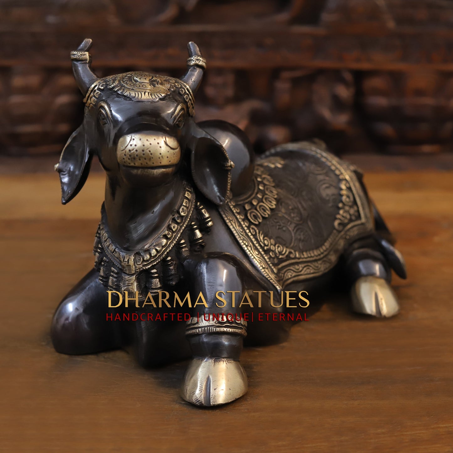 Brass Nandi Idol, Lord Shiva's Guardian, Black Patina with Golden Finish, 14”