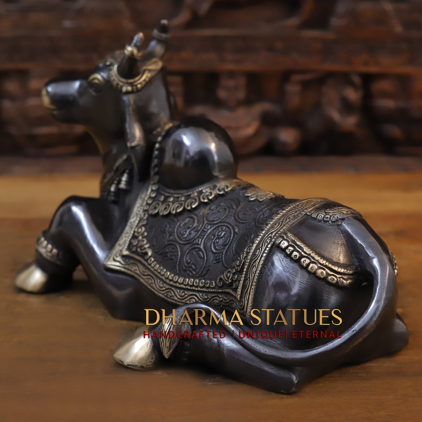 Brass Nandi Idol, Lord Shiva's Guardian, Black Patina with Golden Finish, 14”