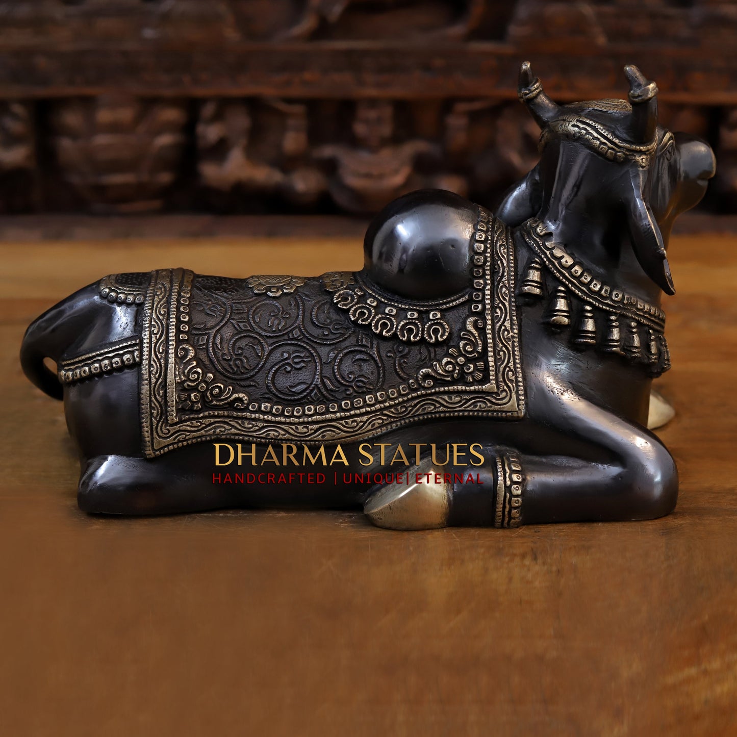Brass Nandi Idol, Lord Shiva's Guardian, Black Patina with Golden Finish, 14”