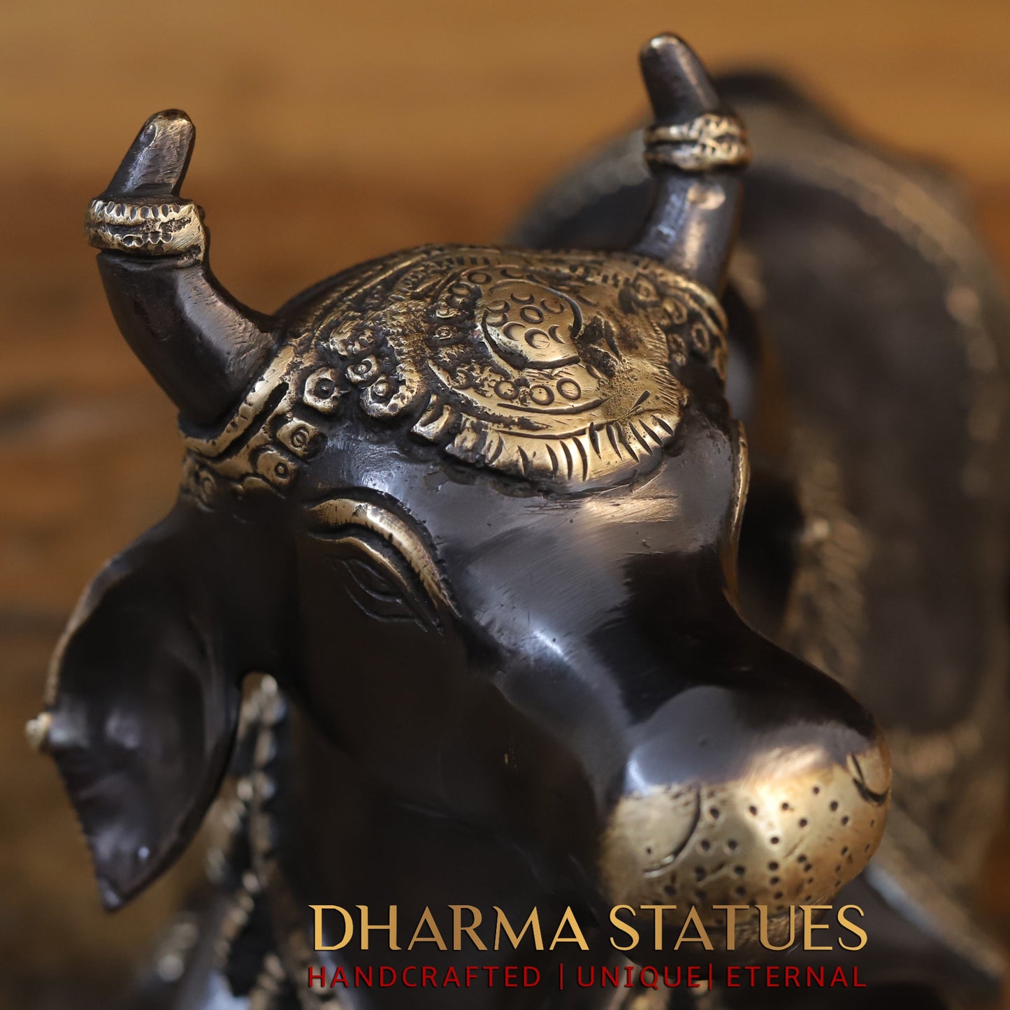 Brass Nandi Idol, Lord Shiva's Guardian, Black Patina with Golden Finish, 14”