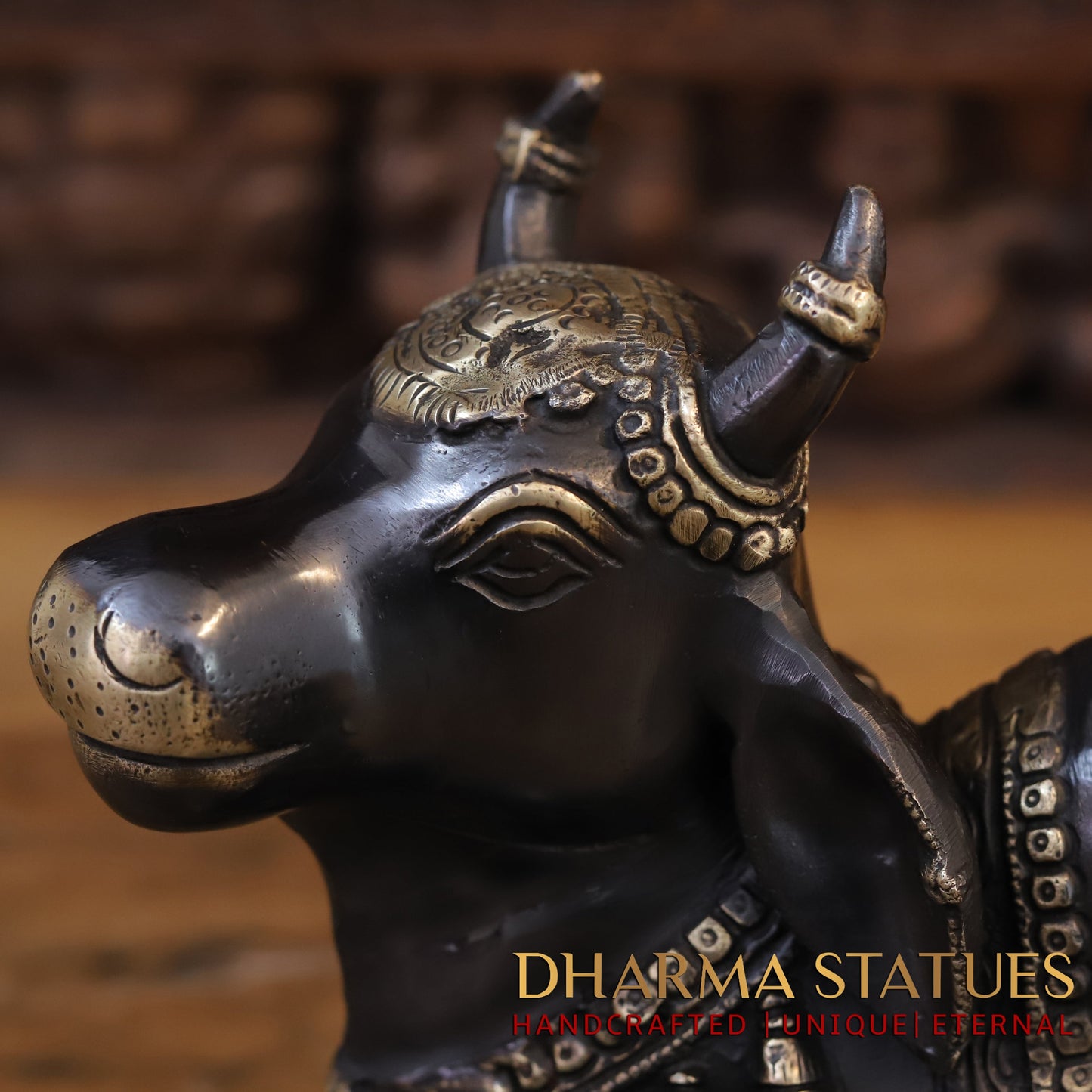 Brass Nandi Idol, Lord Shiva's Guardian, Black Patina with Golden Finish, 14”