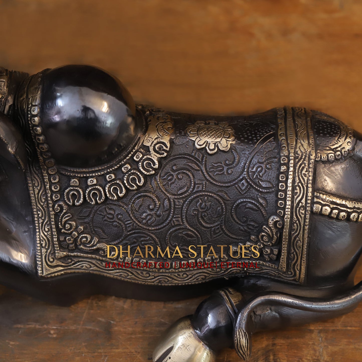 Brass Nandi Idol, Lord Shiva's Guardian, Black Patina with Golden Finish, 14”