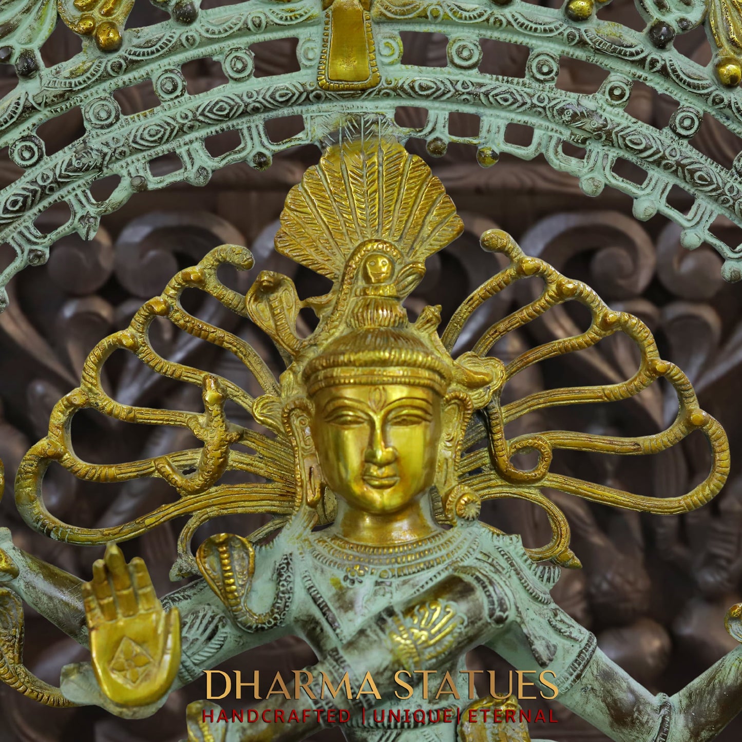 Brass Natraj Idol, Embodiment of Rhythm and Creation, Green Patina with Golden Finish 29"