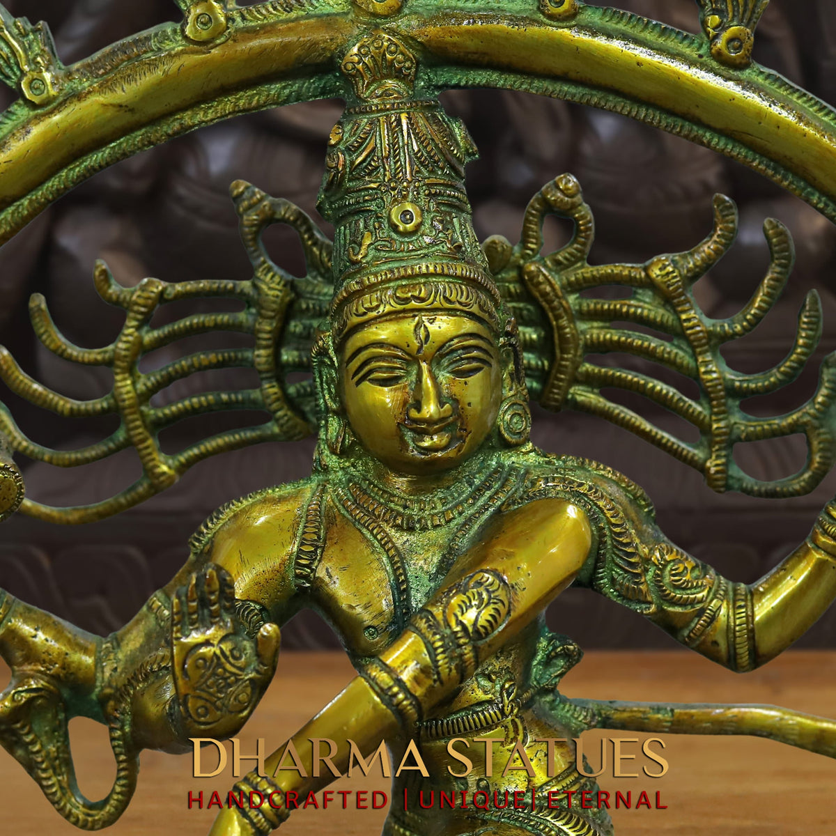Brass Natraj Statue, Dancing Lord Shiva, Fine Emerald Golden Finish 15"