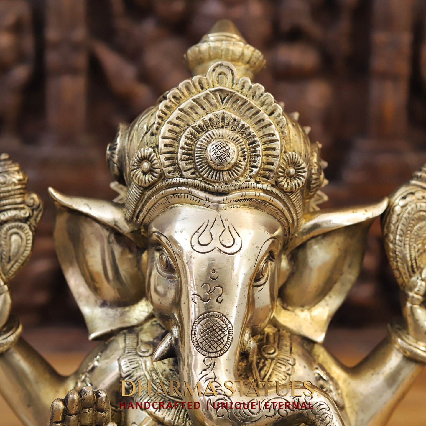 Brass Ganesh seated on base, Golden Finish, 14"