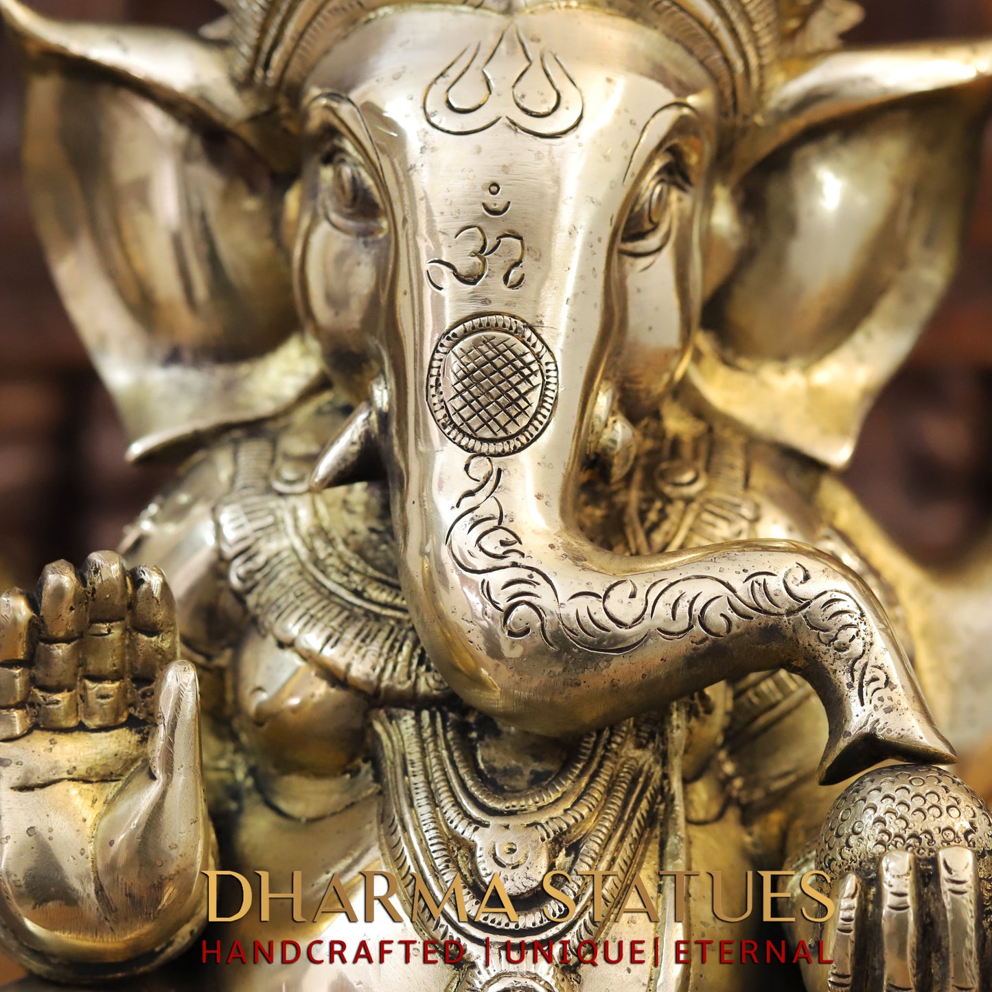 Brass Ganesh seated on base, Golden Finish, 14"