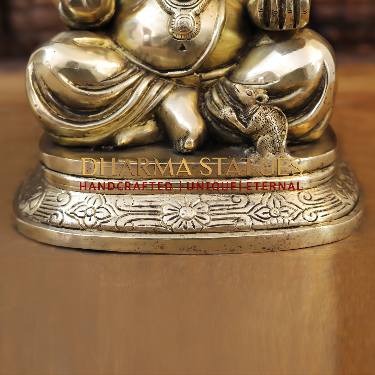 Brass Ganesh seated on base, Golden Finish, 14"