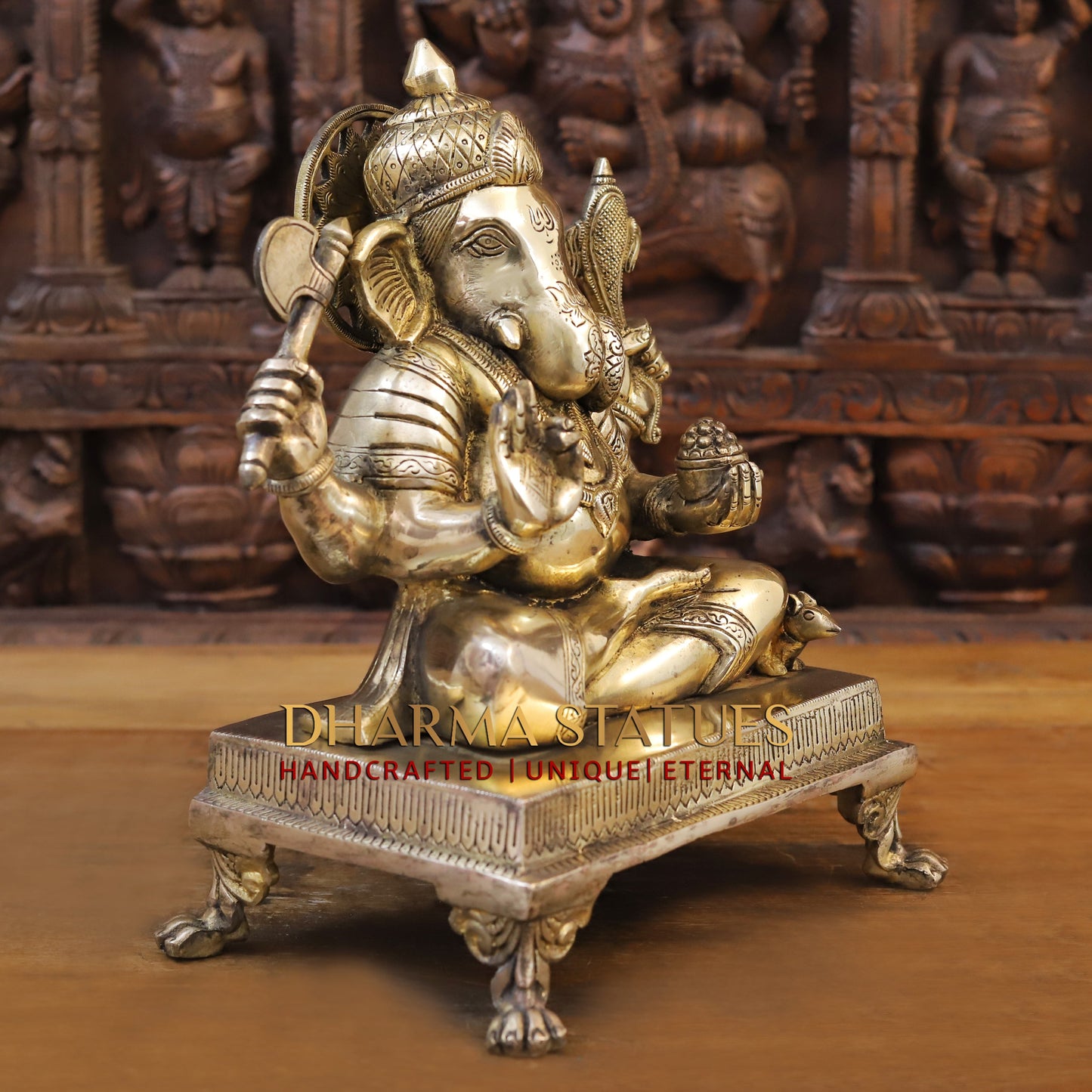 Brass Ganesh Seated on chowki, Fine Golden Finish, 14"