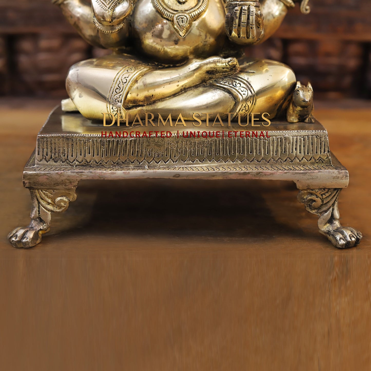 Brass Ganesh Seated on chowki, Fine Golden Finish, 14"
