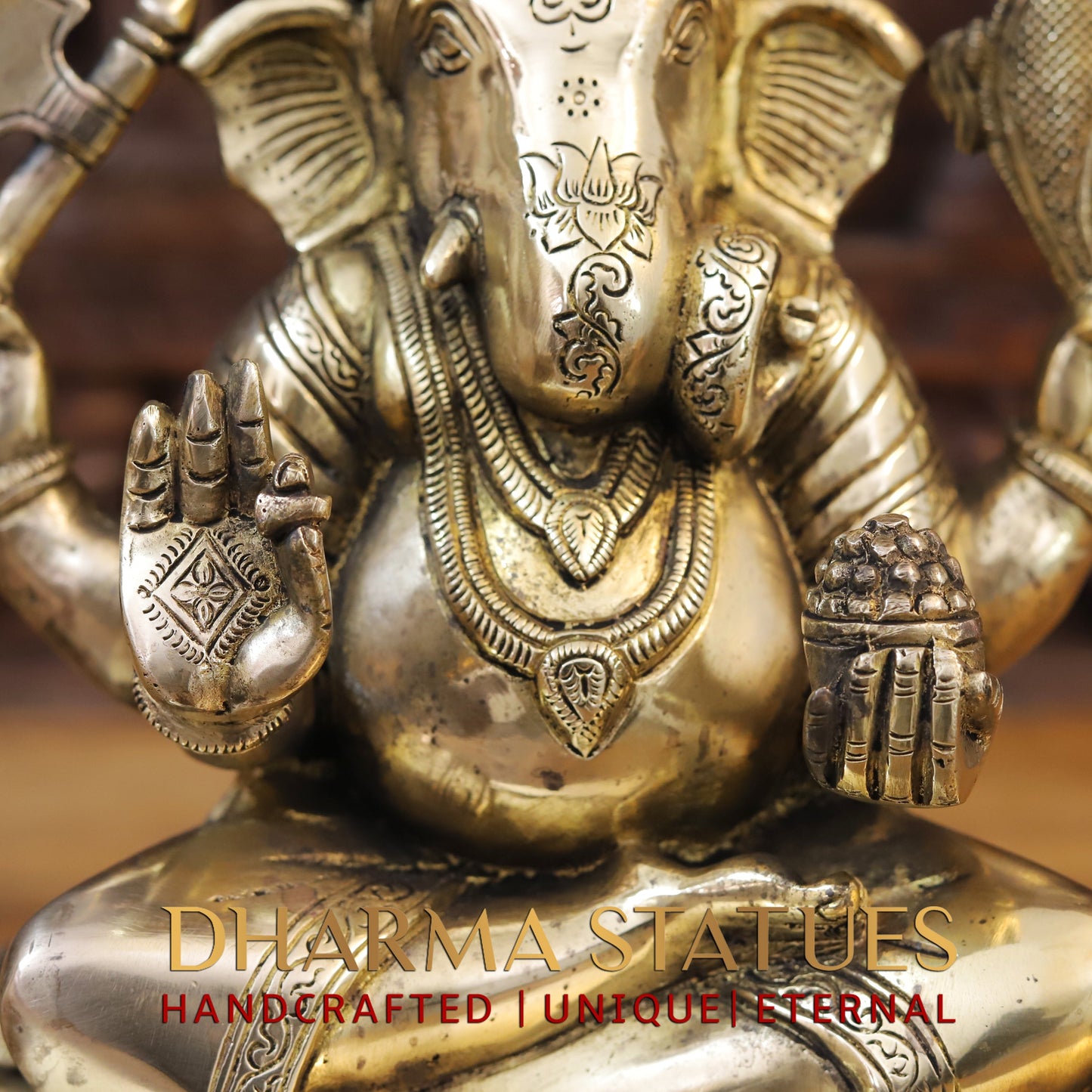 Brass Ganesh Seated on chowki, Fine Golden Finish, 14"