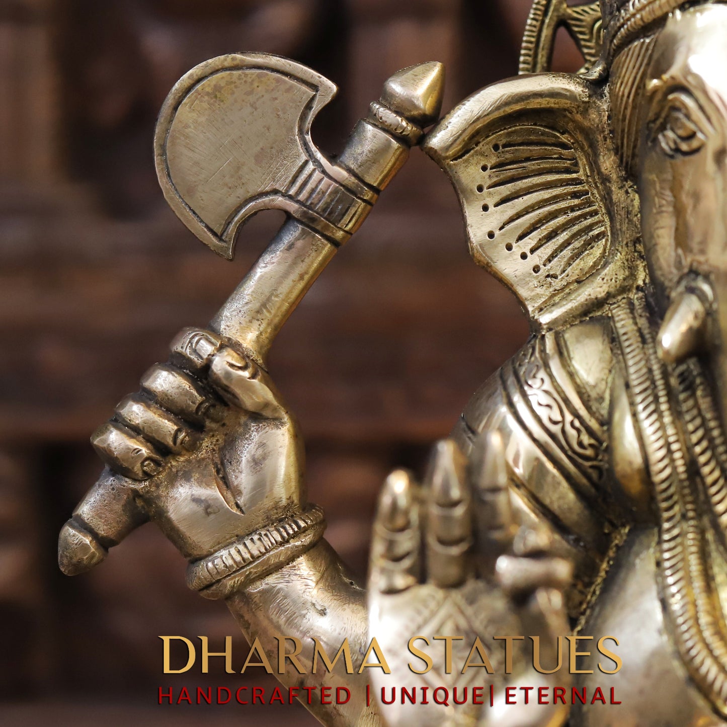 Brass Ganesh Seated on chowki, Fine Golden Finish, 14"