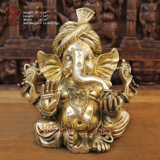 Brass Ganesh seated in a Blessing Position, Fine Gold, 14"