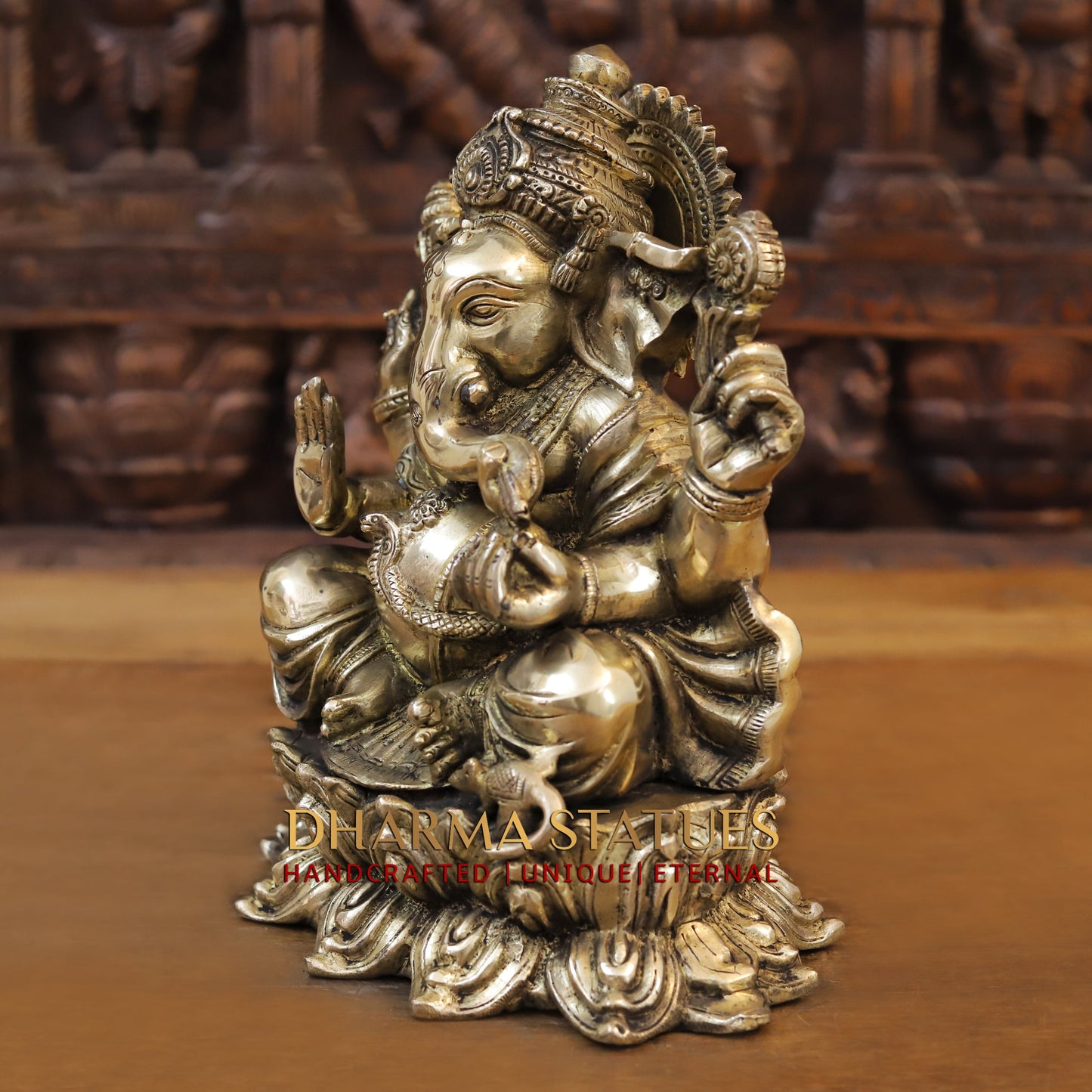 Brass Ganesh Seated on Lotus, Blessing position, Golden Finish, 11"