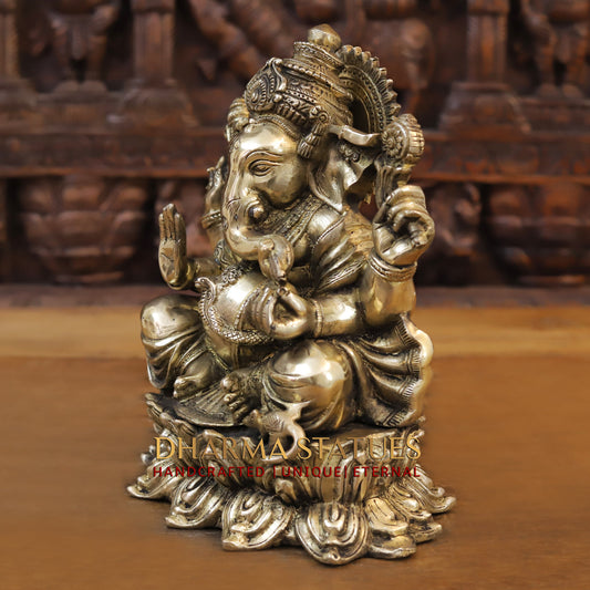 Brass Ganesh Seated on Lotus, Blessing position, Golden Finish, 11"