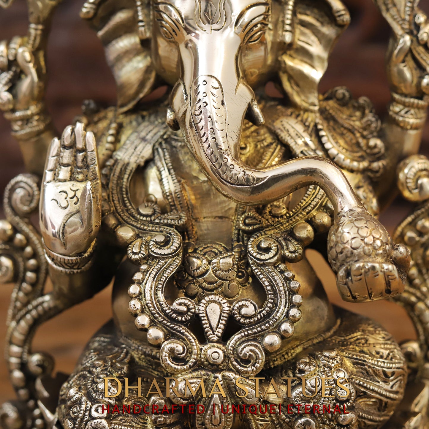 Brass Ganesh seated on Lotus, Blessing Posture, Golden Finish, 12"