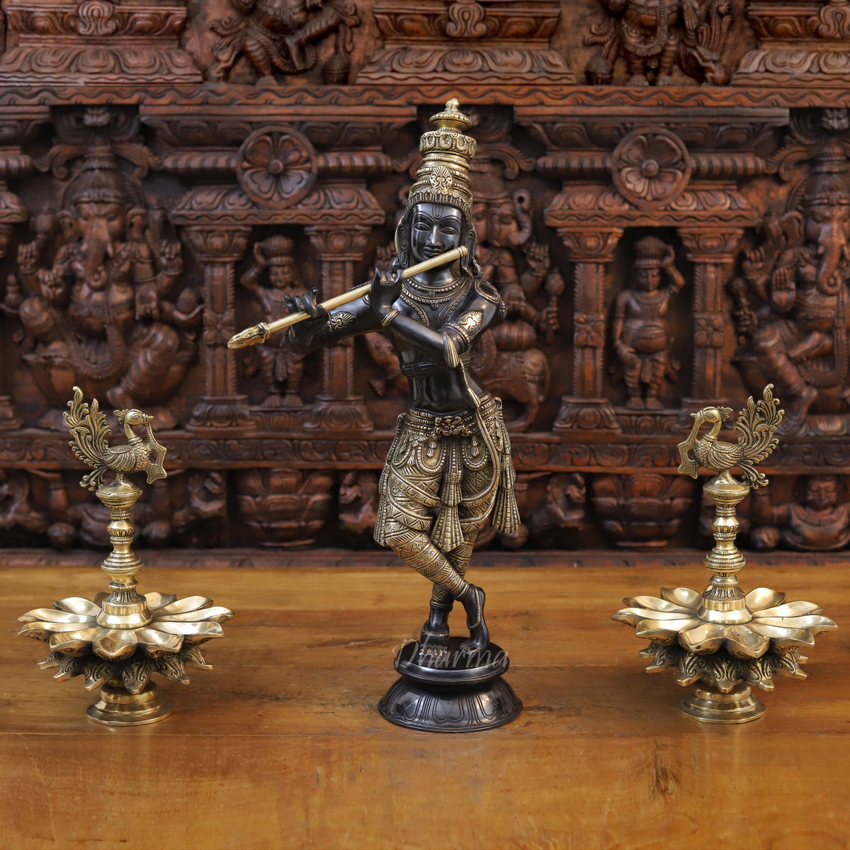 Brass Krishna Playing Flute, Black Patina & Golden Finish 23"