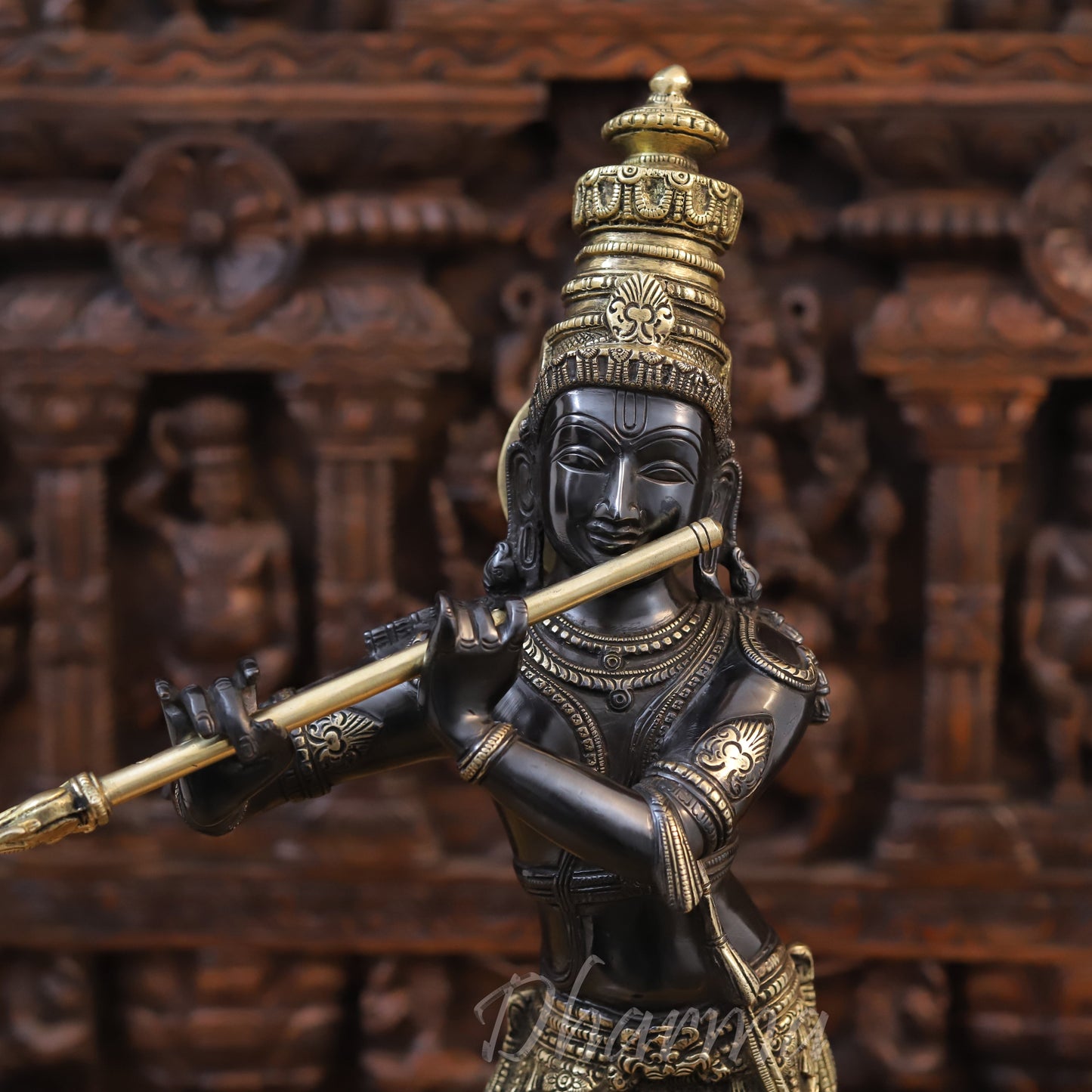 Brass Krishna Playing Flute, Black Patina & Golden Finish 23"