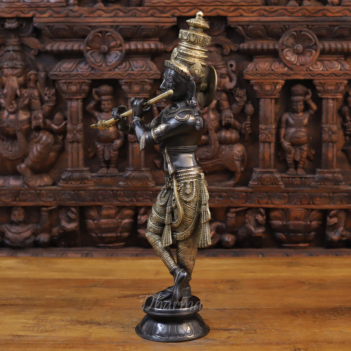 Brass Krishna Playing Flute, Black Patina & Golden Finish 23"