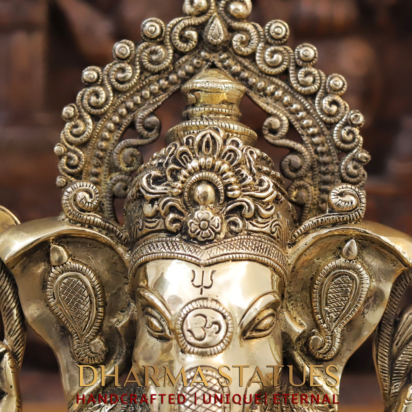Brass Ganesh seated on Base, Blessing Posture, Fine Golden Finish, 14"