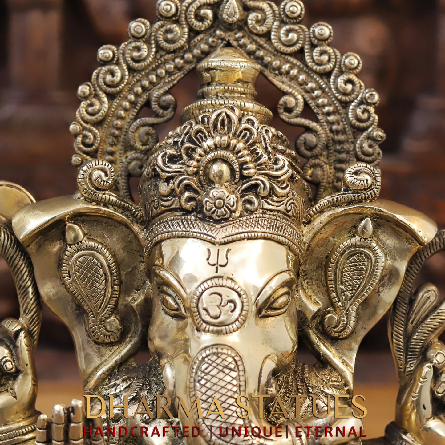 Brass Ganesh seated on Base, Blessing Posture, Fine Golden Finish, 14"