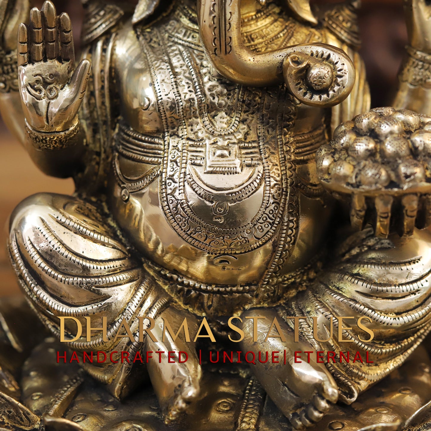 Brass Ganesh seated on Lotus, Blessing Posture, Golden Finish, 11.5"